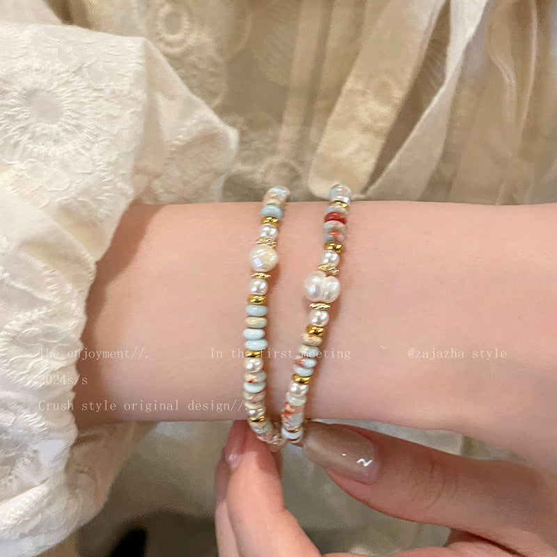 Natural Shoushan Stone Freshwater Pearl Magnetic Bracelet for Women - Light Luxury Niche Exquisite Bracelet with Golden-Tone Accents, Vintage Style, Perfect for Daily Wear or Parties, Party Accessory|Vintage Bracelet|Durable Bracelet