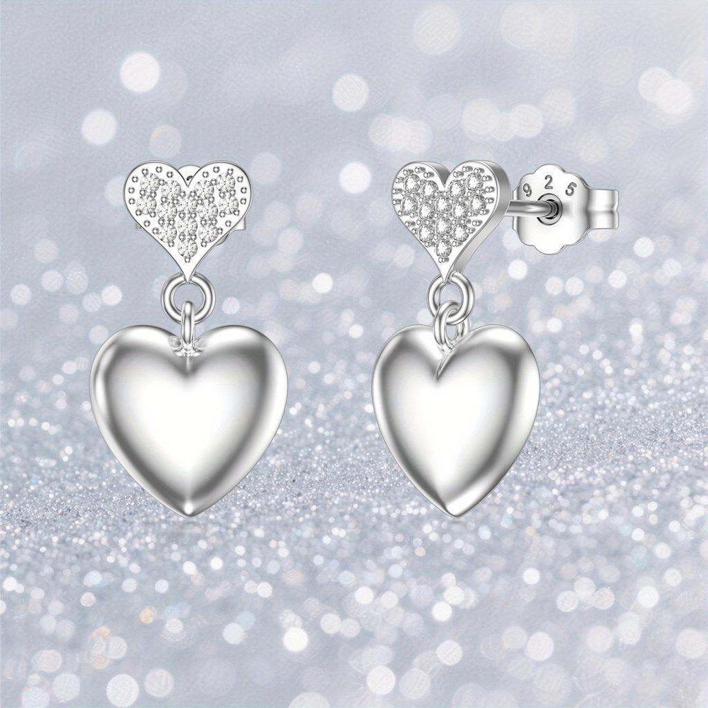 Classic Style 925 Sterling Silvery Heart Dangle Earrings for Women, Synthetic April Birthstone, Lab-created White Gemstone, All-Season Jewelry Gift