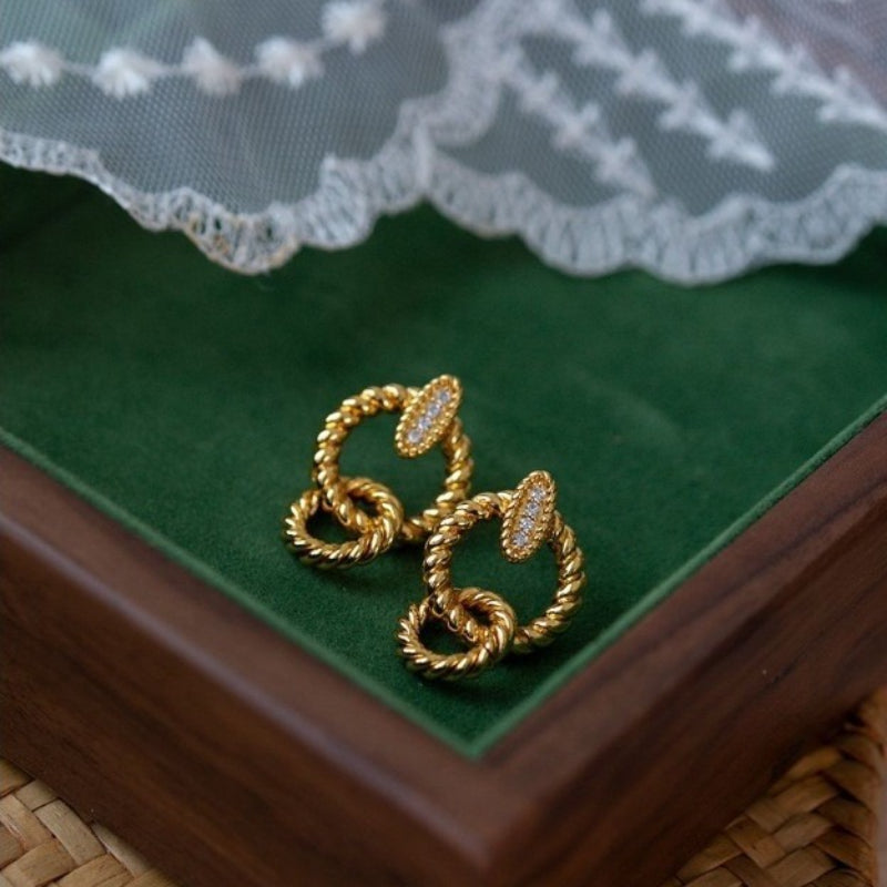 Retro Style Fashion Temperament Double Circle S925 Synthetic Zirconia Earrings - Party Banquet Exquisite Jewelry - Anniversary Gift, Special Occasion, Elegant Design, Fine Craftsmanship
