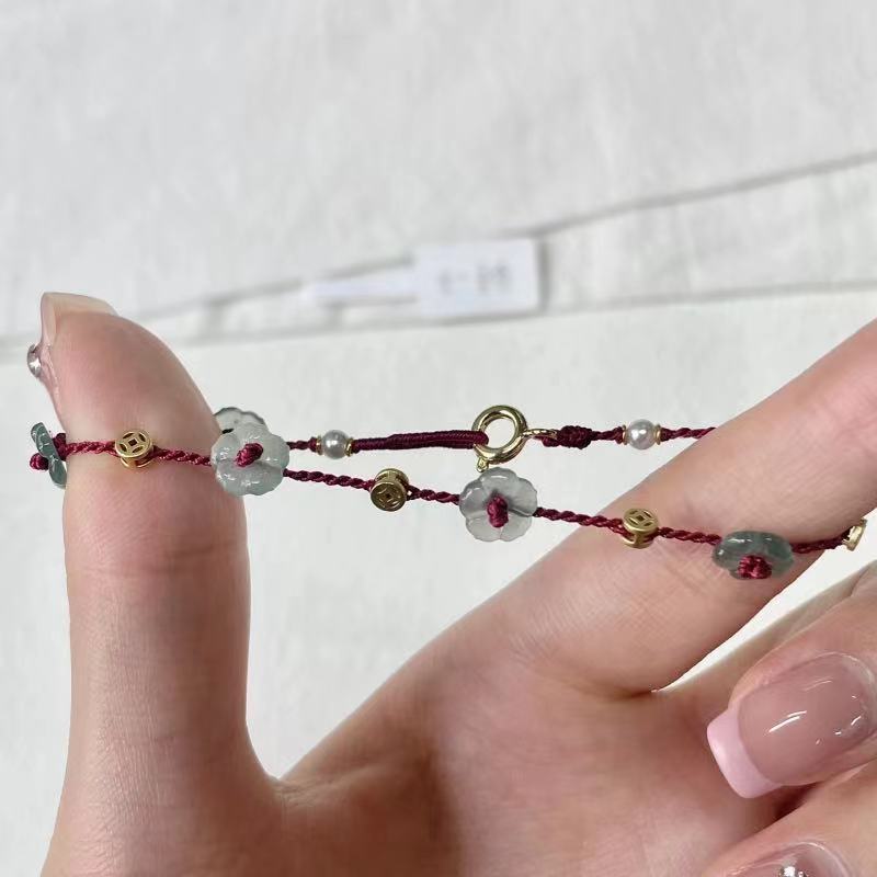 1pc Elegant Vintage-Inspired Imitation Jade Flower Rope Bracelet, Adjustable Weave Design, Good Luck Charm, Ideal for Daily Wear & Valentine'S Day Gift for Women