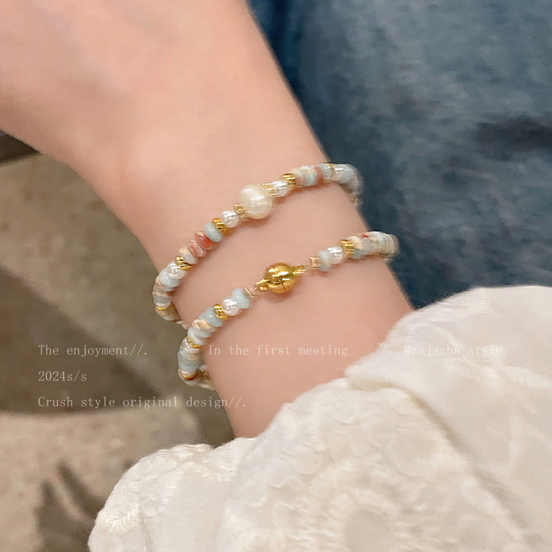 Natural Shoushan Stone Freshwater Pearl Magnetic Bracelet for Women - Light Luxury Niche Exquisite Bracelet with Golden-Tone Accents, Vintage Style, Perfect for Daily Wear or Parties, Party Accessory|Vintage Bracelet|Durable Bracelet