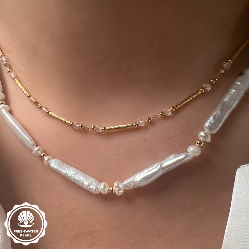 Elegant French Baroque-Inspired Pearl Necklace for Women - Bohemian Style with Natural Freshwater Pearls, Golden-Tone Alloy Beads, and Sparkling Accents - Perfect for Daily Wear or Gifting, Pearl Jewelry