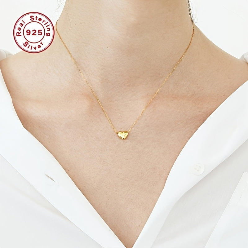 S925 Sterling Silvery Women's Necklace, Minimalist 18K Gold-Plated Heart Pendant, Classic Small Heart Charm Adjustable Collarbone Chain, Ideal Valentine's Day Gift for Girlfriend, Love Token, Wedding Accessory, Elegant Design, Delicate Craftsmanship