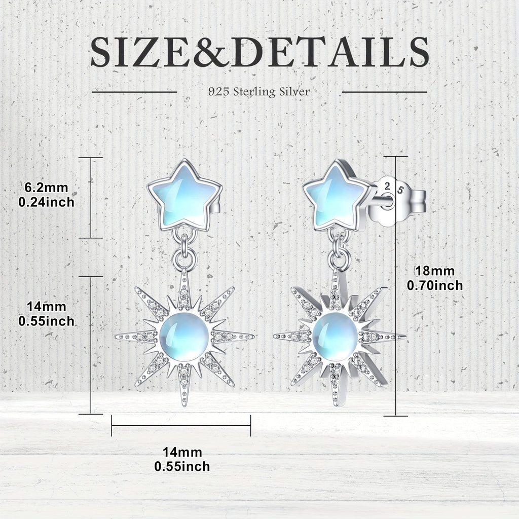 Women's Moonstone Star Earrings in 925 Sterling Silver, Moonstone Stud Earrings with Sun and Stars, Bohemian Sunburst Drop Earrings, Moonstone Jewelry Gift for Mothers