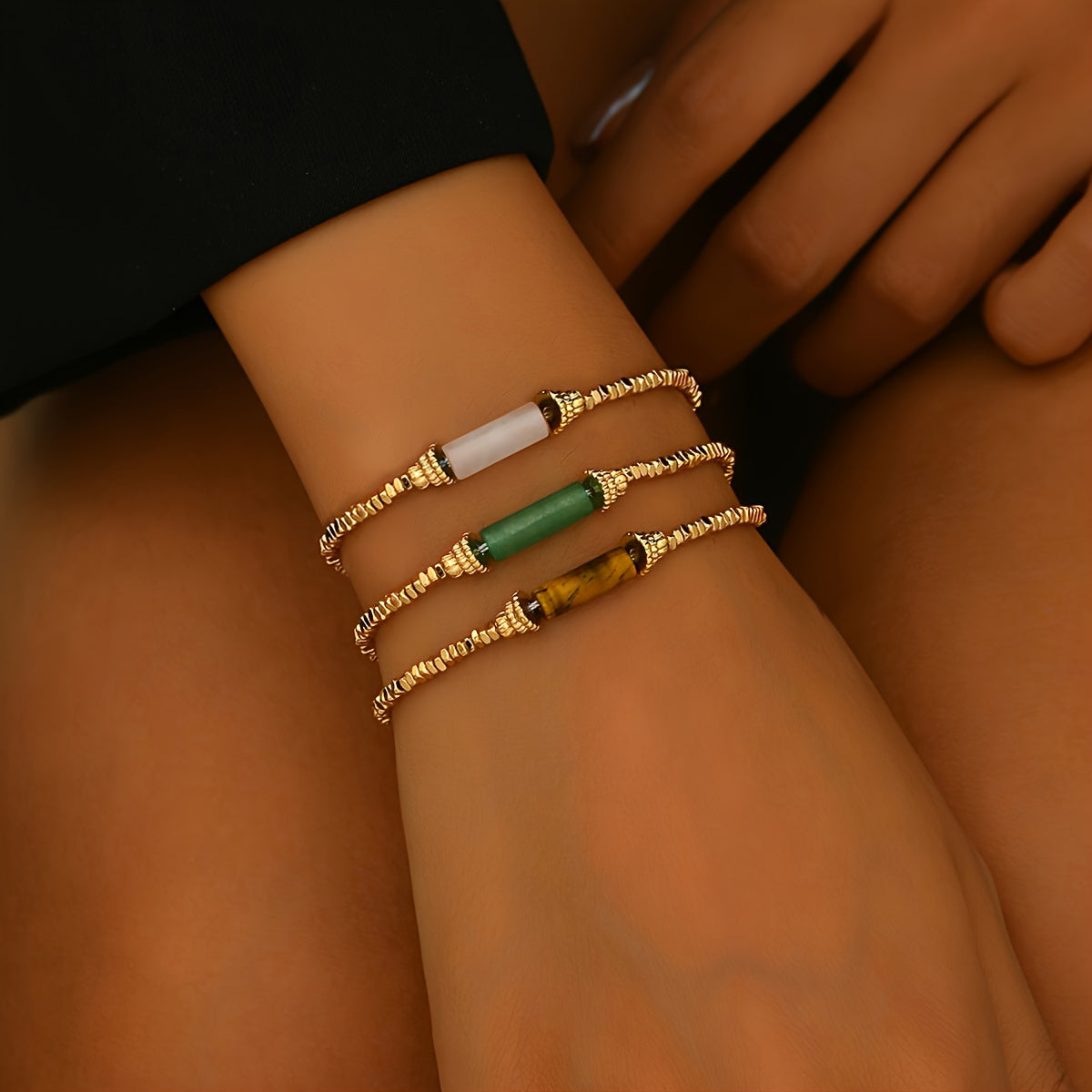 3pcs Women'S Fashion Bracelet Retro Fall\Winter Adjustable 1 Mils Golden Plating Natural Stone Handmade Beaded Bracelet Set for Everyday All-In-One Party Gifts Local Warehouse