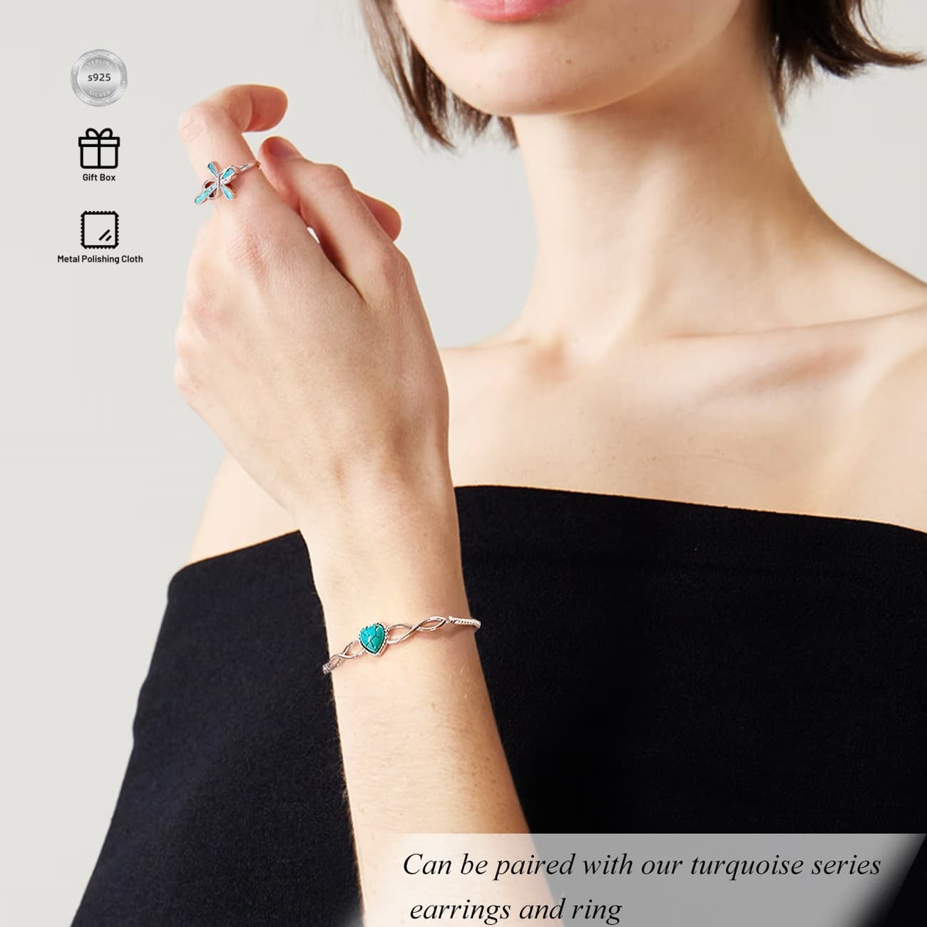 Genuine Heart Turquoise Adjustable Bracelet for Women with Infinity 925 Sterling Silver Box Chain Jewelry 6.5 to 7.5 Inch