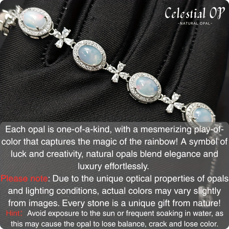 Elegant S925 Sterling Silvery Opal Bracelet with Floral Accents - Natural Opal Stones, White, and Sparkling Details, Perfect for Daily Wear or Special Occasions, Includes Gift Box, Festive Accessory | Floral Accent Bracelet | Sparkling Details