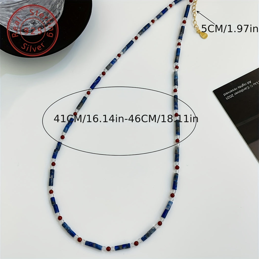 925 sterling Silvery natural lapis lazuli red agate extremely fine beaded necklace, new Chinese niche style, contrasting color design, retro senior feeling, suitable for Women's daily banquet wearing, festival selected accessories