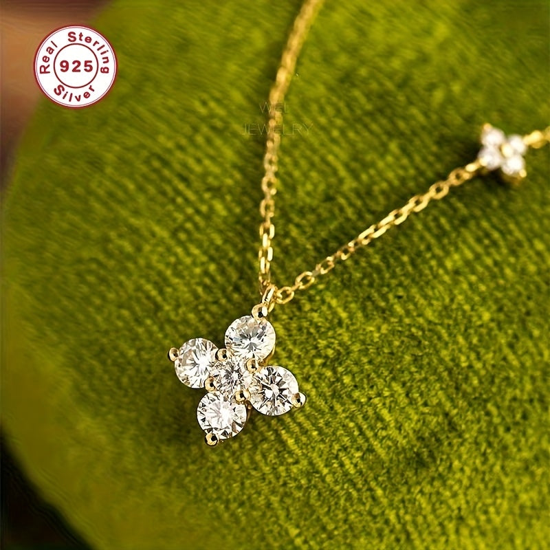 S925 Silvery Synthetic Synthetic Zircon Necklace, Fashionable Minimalist Twin Four-Leaf Pendant Light Luxury Elegant 18K gold Plated Clavicle, For Teenager