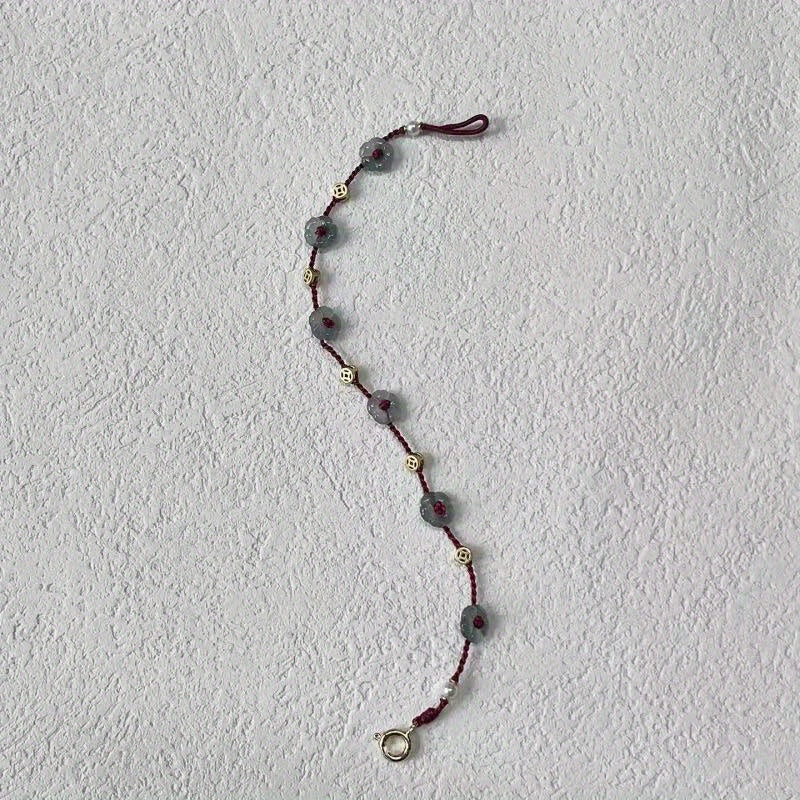 1pc Elegant Vintage-Inspired Imitation Jade Flower Rope Bracelet, Adjustable Weave Design, Good Luck Charm, Ideal for Daily Wear & Valentine'S Day Gift for Women