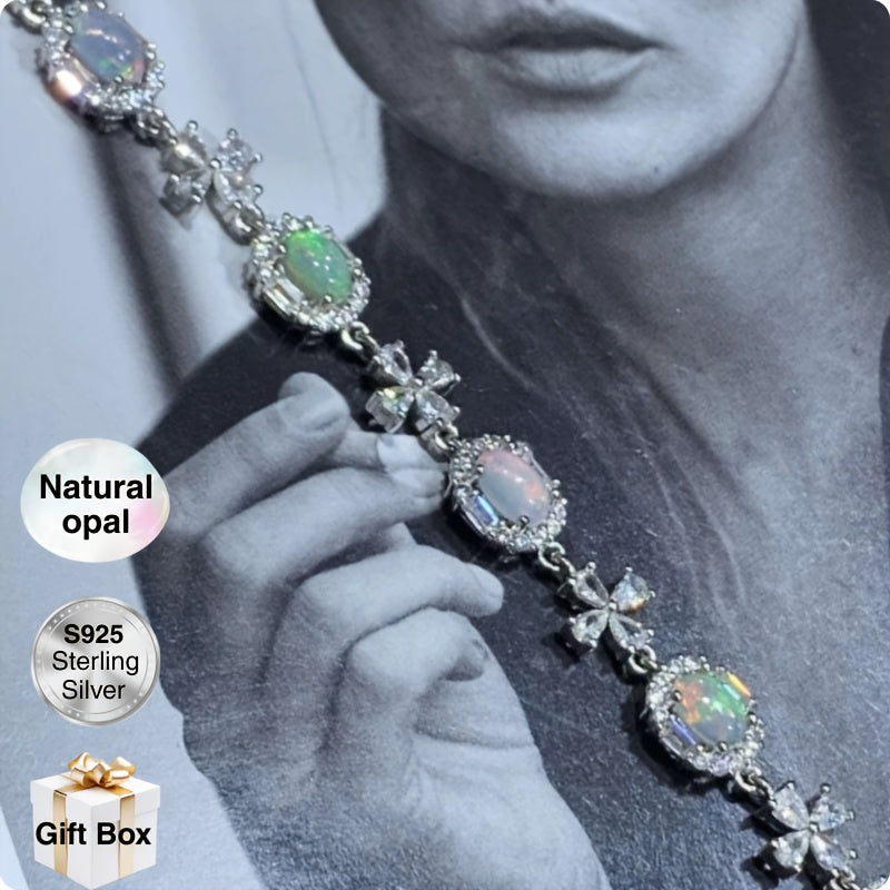 Elegant S925 Sterling Silvery Opal Bracelet with Floral Accents - Natural Opal Stones, White, and Sparkling Details, Perfect for Daily Wear or Special Occasions, Includes Gift Box, Festive Accessory | Floral Accent Bracelet | Sparkling Details