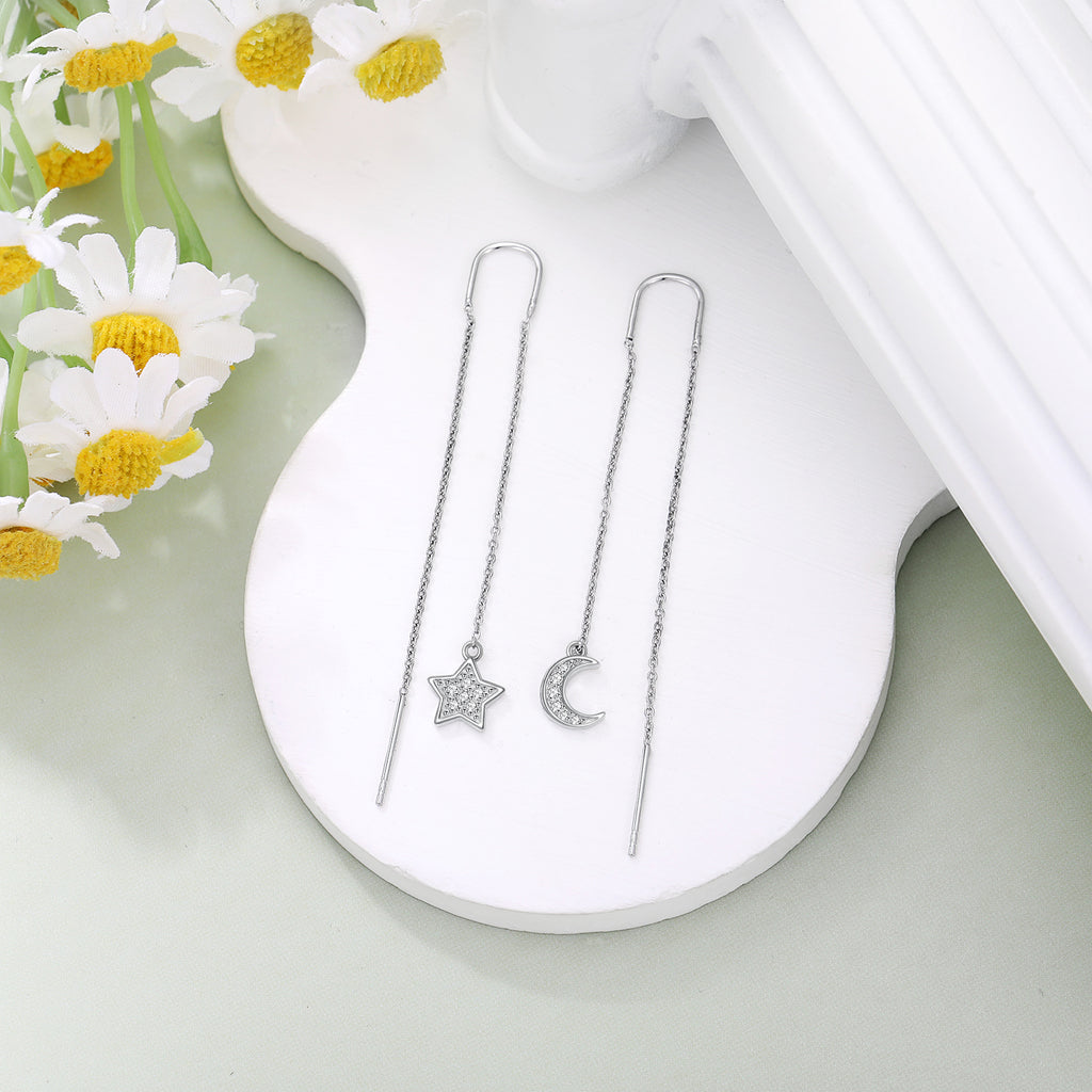 Elegant 925 Sterling Silver Asymmetrical Star and Moon Dangle Earrings with Lab-Grown Diamonds - Classic Style, Perfect for Daily Wear or Gifting, All-Season Jewelry, Moon Earrings