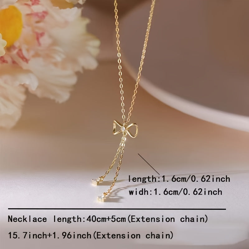 925 Silvery Bow with Synthetic Zirconia Tassel Necklace - Minimalist Design Sweater Chain for Women, Versatile Everyday Accessory