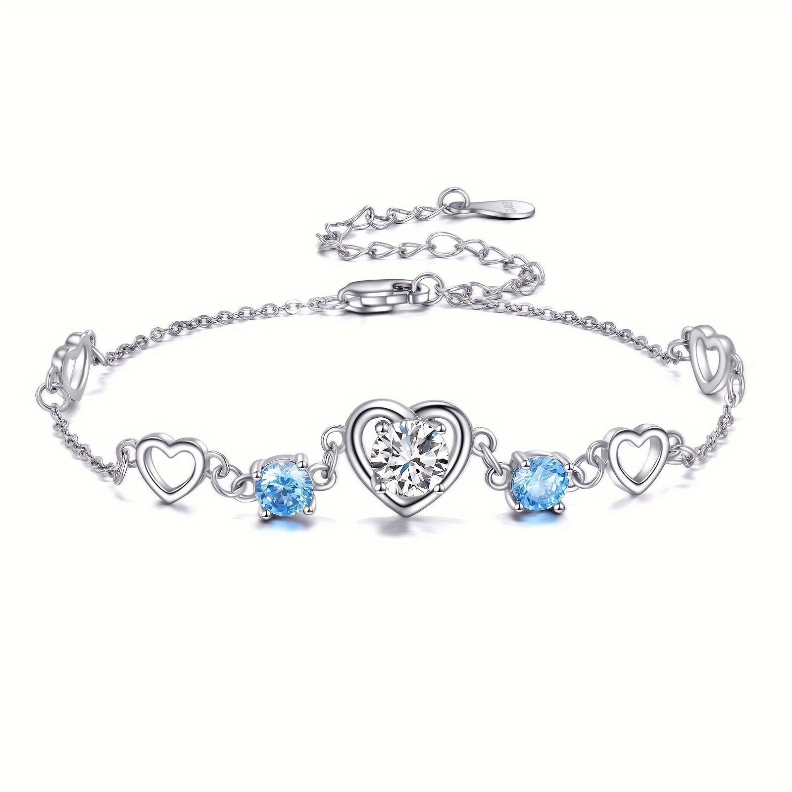 Heart Bracelet 925 Sterling Silver Aquamarine Bracelet For Women March Birthstone Link Chain Bracelets Jewelry Love Gifts For Girls