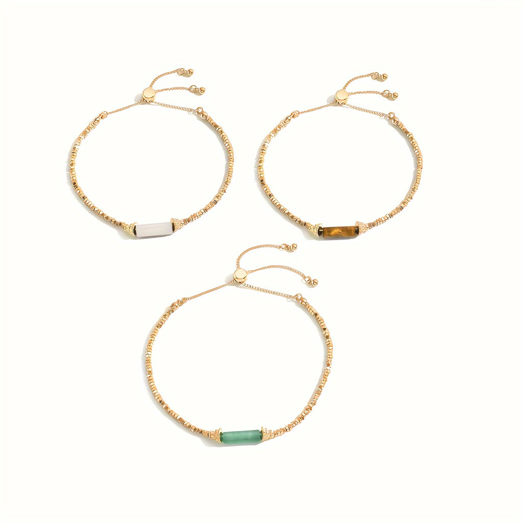3pcs Women'S Fashion Bracelet Retro Fall\Winter Adjustable 1 Mils Golden Plating Natural Stone Handmade Beaded Bracelet Set for Everyday All-In-One Party Gifts Local Warehouse