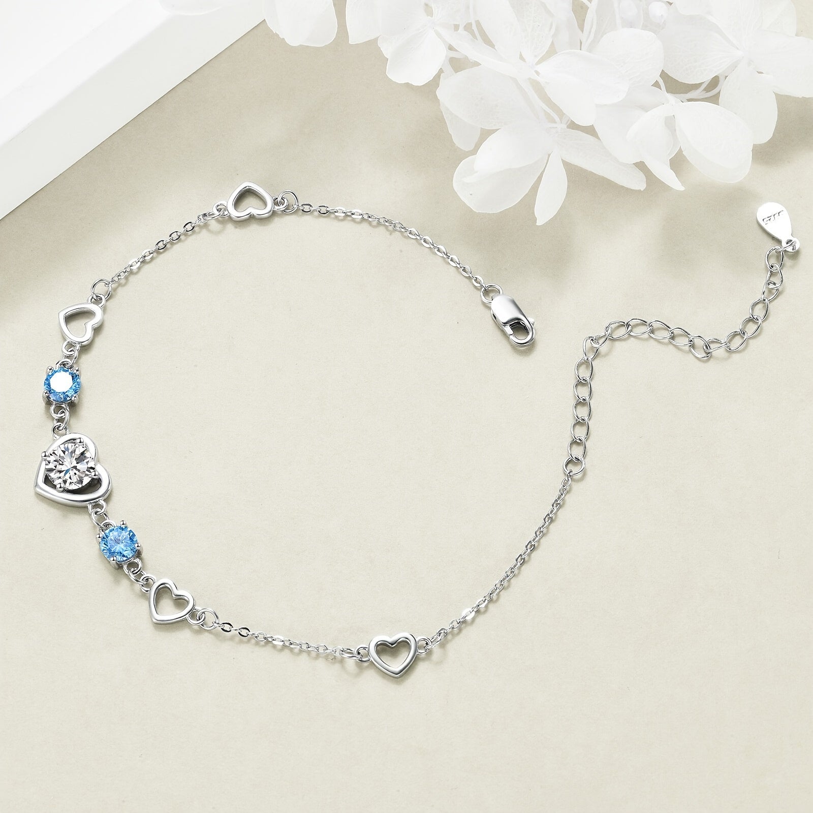 Heart Bracelet 925 Sterling Silver Aquamarine Bracelet For Women March Birthstone Link Chain Bracelets Jewelry Love Gifts For Girls