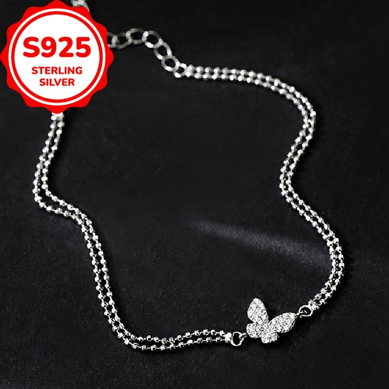 1pc S925 Sterling Silvery Full Butterfly Double Layer Bracelet with Synthetic Synthetic Zirconia Inlay, Elegant and Versatile Design Suitable for Daily Wear or Party Events, Holiday Gift