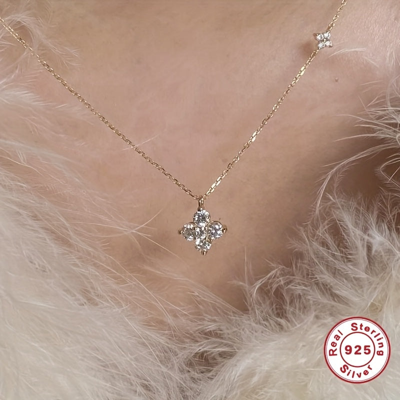 S925 Silvery Synthetic Synthetic Zircon Necklace, Fashionable Minimalist Twin Four-Leaf Pendant Light Luxury Elegant 18K gold Plated Clavicle, For Teenager
