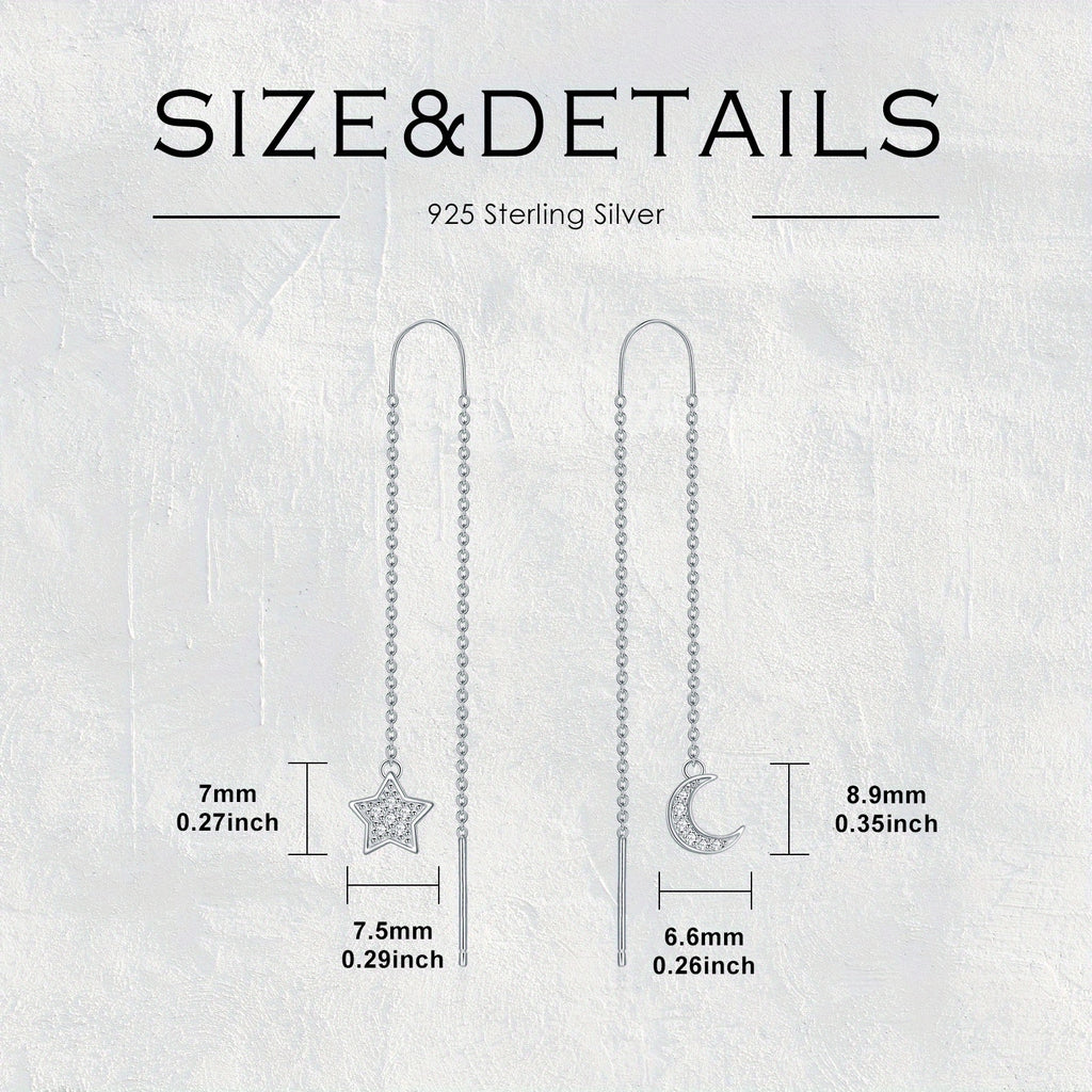Elegant 925 Sterling Silver Asymmetrical Star and Moon Dangle Earrings with Lab-Grown Diamonds - Classic Style, Perfect for Daily Wear or Gifting, All-Season Jewelry, Moon Earrings