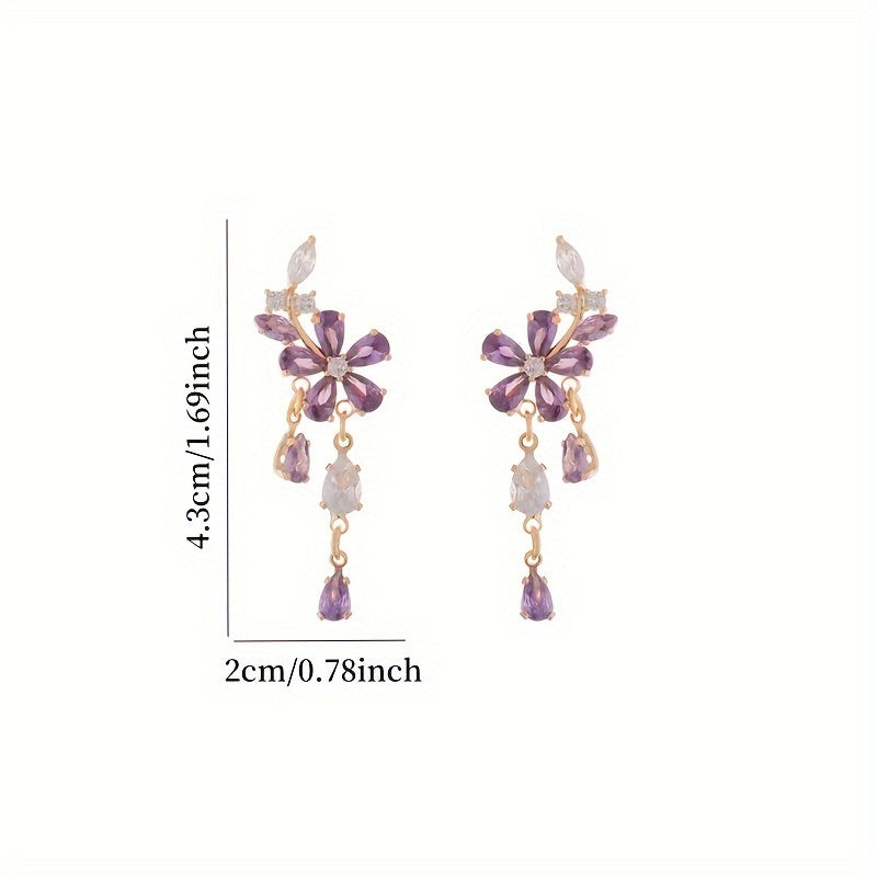 Women's Elegant Bohemian Style Purple Flower Pendant Earrings - Luxury Design with Cubic Zirconia, 925 Silver Ear Hooks Suitable for Daily Wear and Gifts